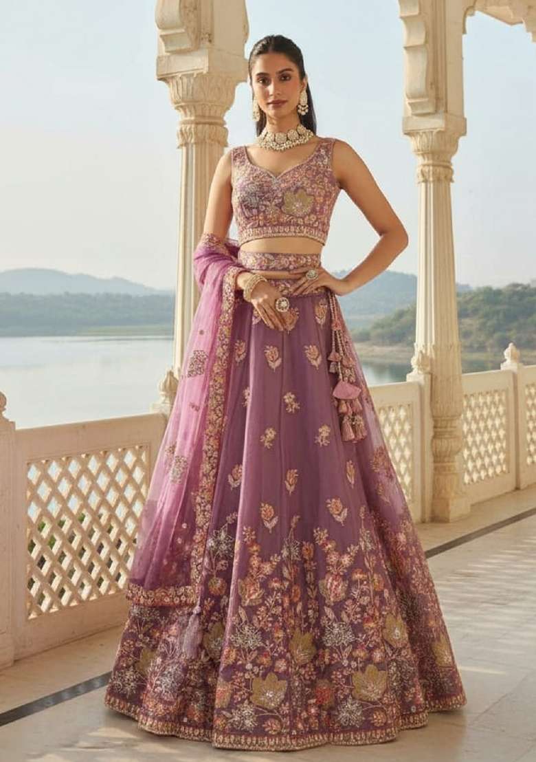 Lilac Sequence Embroidery Work Fendy Silk Blend Lehenga Set for Diwali and Festive Wear - Indya