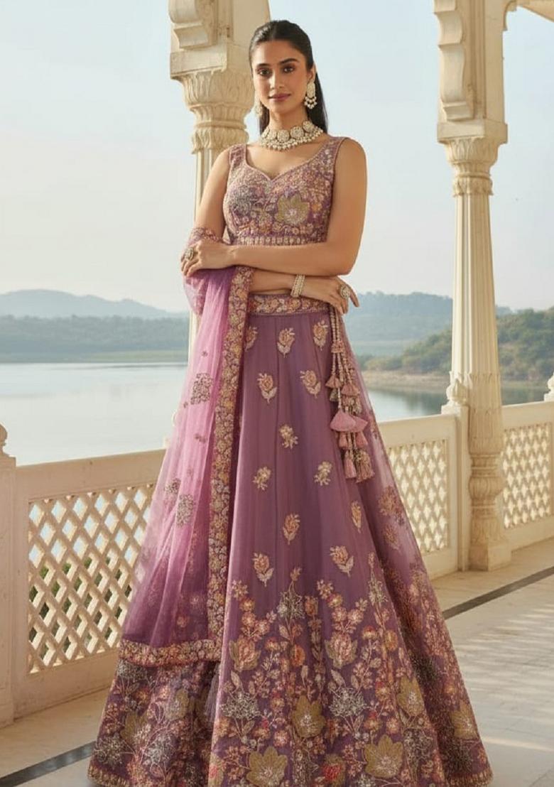 Lilac Sequence Embroidery Work Fendy Silk Lehenga Set - Indya