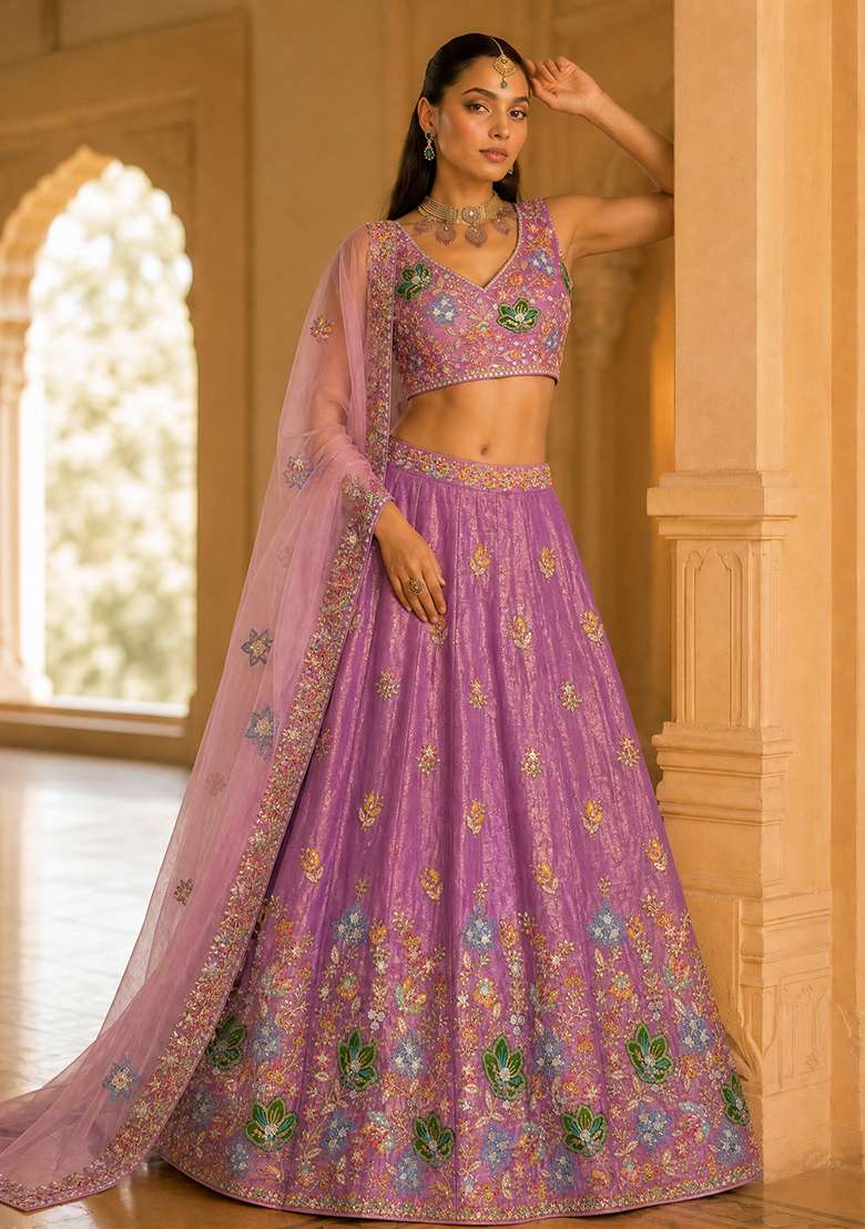 Lilac Sequence Embroidery Work Fendy Silk Blend Lehenga Set for Diwali and Festive Wear - Indya