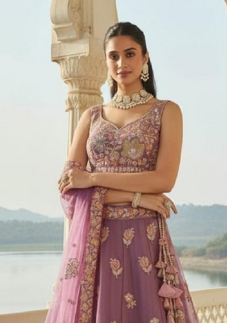 Lilac Sequence Embroidery Work Fendy Silk Lehenga Set - Indya