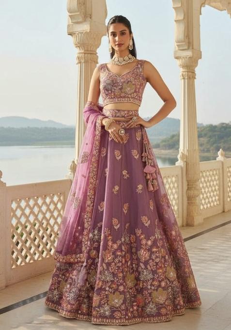 Lilac Sequence Embroidery Work Fendy Silk Lehenga Set