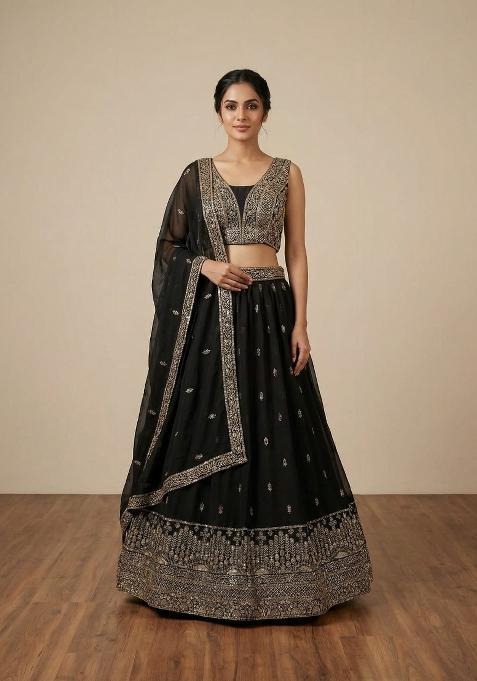 Black Sequence Embroidery Work Faux Georgette Lehenga Set