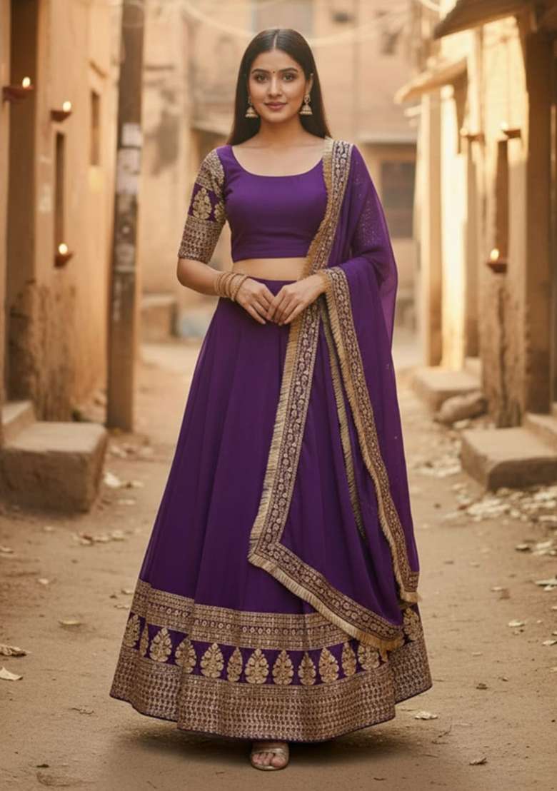 Purple Sequence Work Faux Georgette Lehenga Set with Embroidery for Diwali | Wedding & Festive Wear - Indya