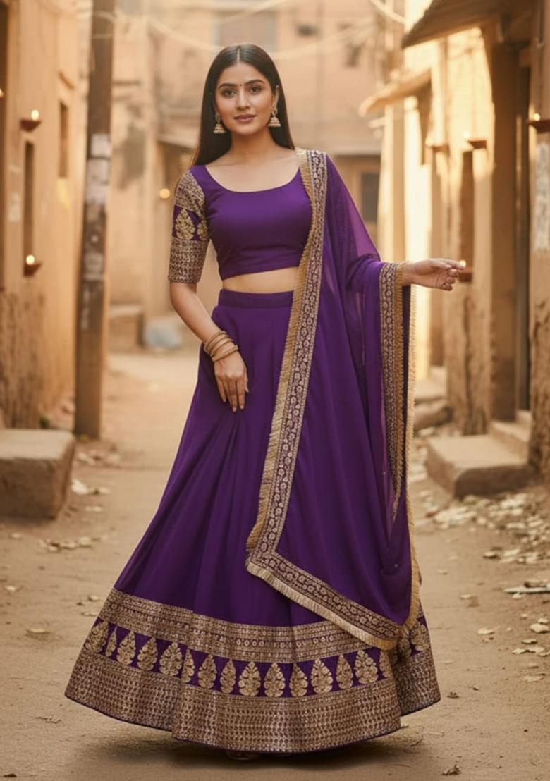 Purple Sequence Embroidery Work Faux Georgette Lehenga Set - Indya