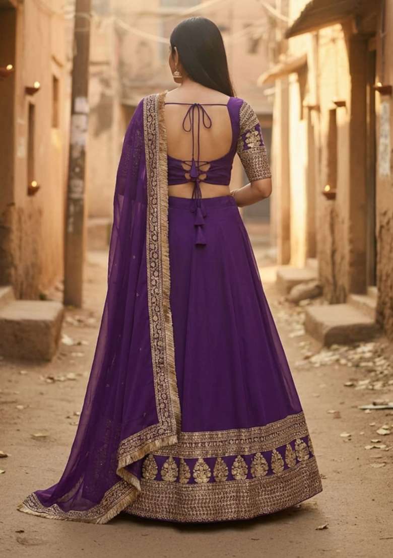 Purple Sequence Work Faux Georgette Lehenga Set with Embroidery for Diwali | Wedding & Festive Wear - Indya