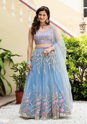 Sky Blue Sequence Embroidery Work Net Lehenga Set