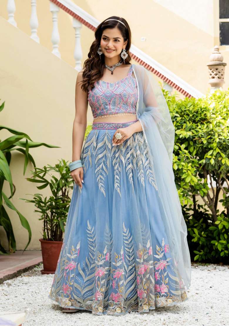 Sky Blue Sequence Embroidery Work Net Lehenga Set for Diwali and Festive Wear - Indya