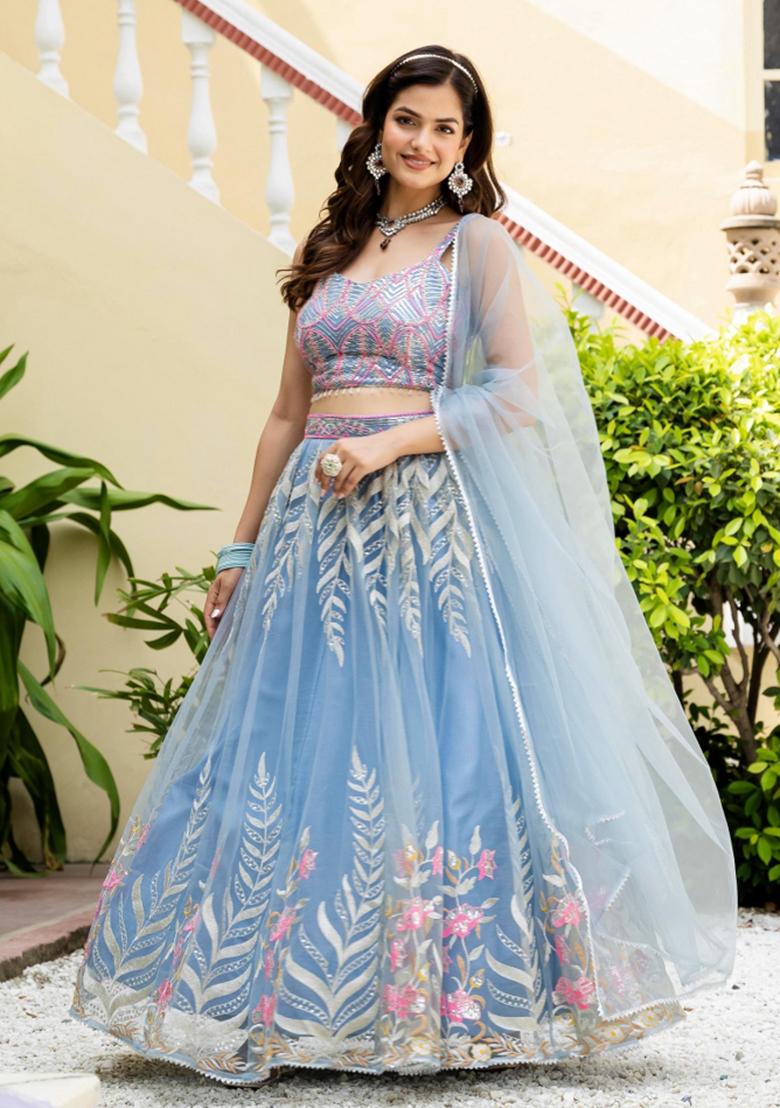 Sky Blue Sequence Embroidery Work Net Lehenga Set - Indya