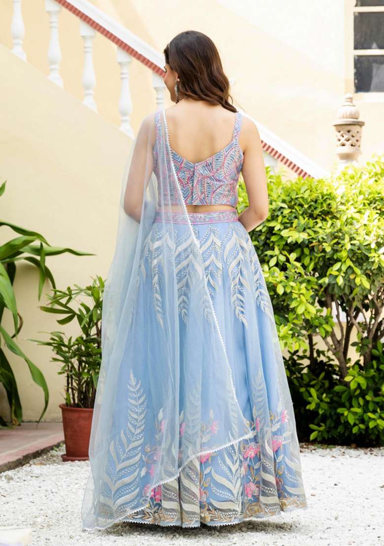 Sky Blue Sequence Embroidery Work Net Lehenga Set for Diwali and Festive Wear - Indya