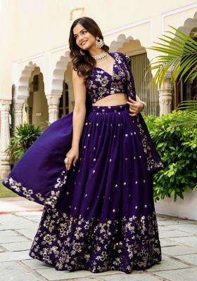 Blue Sequence Embroidery Work Vichitra Silk Lehenga Set