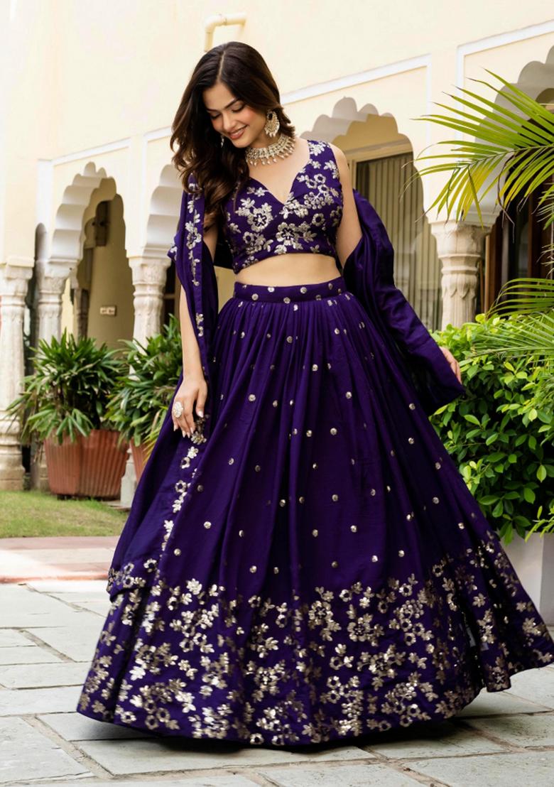Blue Sequence Embroidery Work Vichitra Silk Lehenga Set - Indya