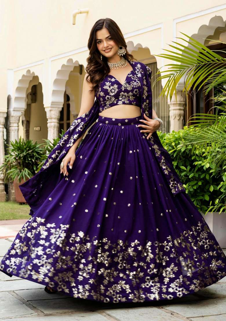 Blue Sequence Work Vichitra Silk Blend Lehenga Set with Embroidery for Diwali | Wedding & Festive Wear - Indya