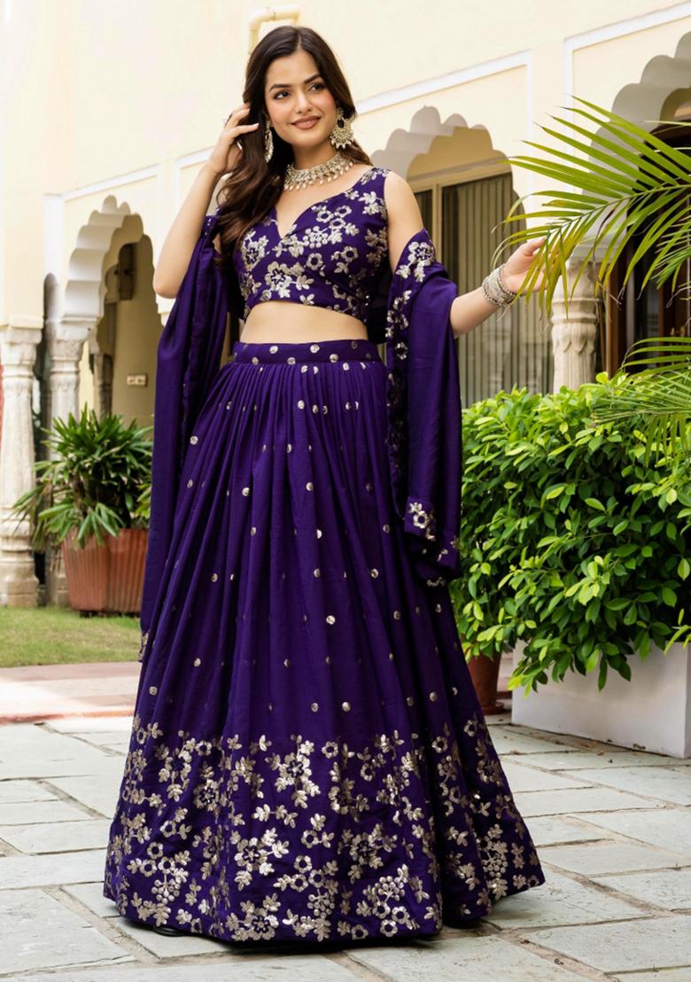 Blue Sequence Embroidery Work Vichitra Silk Lehenga Set - Indya