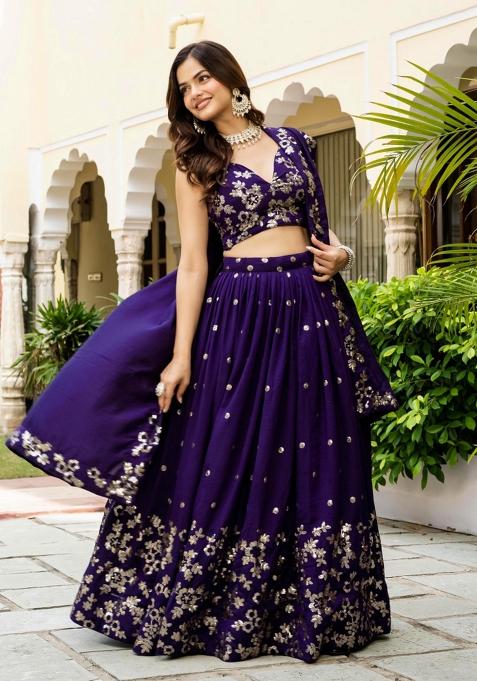 Blue Sequence Embroidery Work Vichitra Silk Lehenga Set