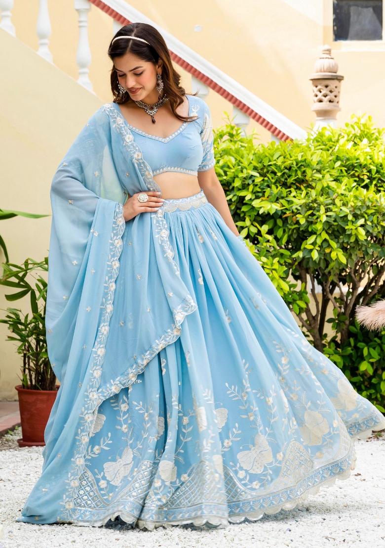 Sky Blue Sequence Embroidery Work Faux Georgette Lehenga Set - Indya