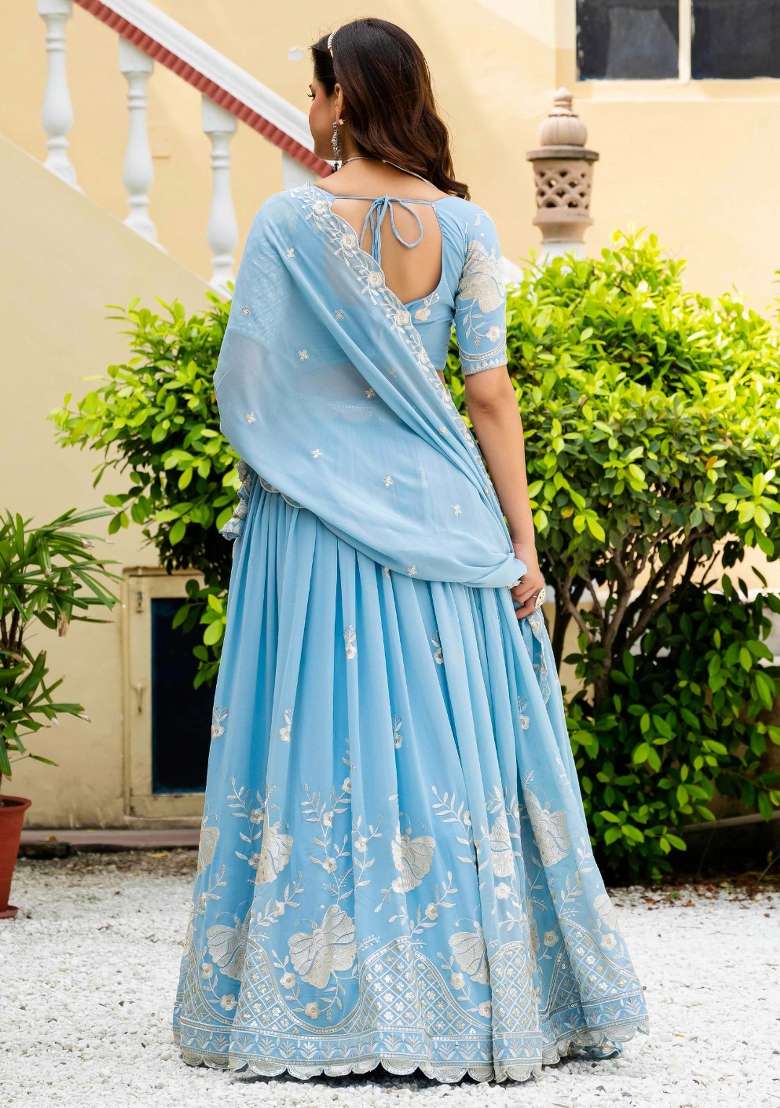 Sky Blue Sequence Embroidery Work Faux Georgette Lehenga Set for Diwali and Festive Wear - Indya