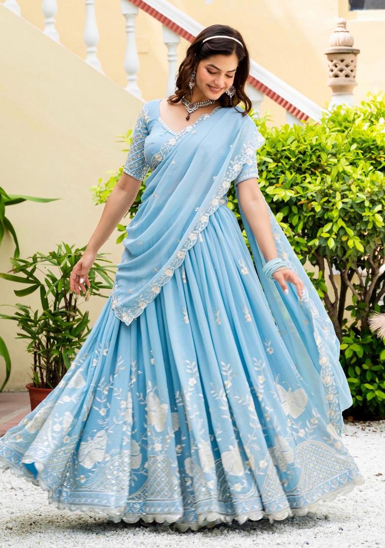 Sky Blue Sequence Embroidery Work Faux Georgette Lehenga Set - Indya