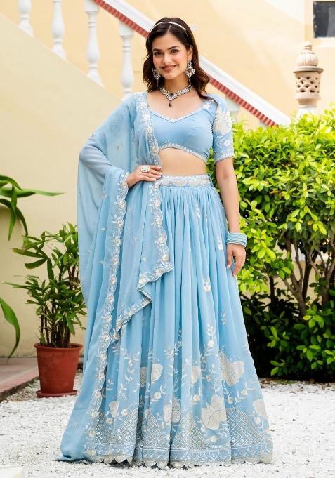 Sky Blue Sequence Embroidery Work Faux Georgette Lehenga Set