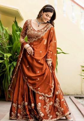 Rust Orange Sequence Embroidery Work Rangoli Silk Lehenga Set