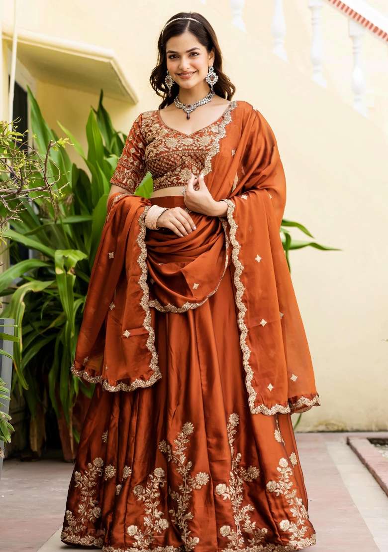 Rust Orange Sequence Embroidery Work Rangoli Silk Blend Lehenga Set for Diwali and Festive Wear - Indya