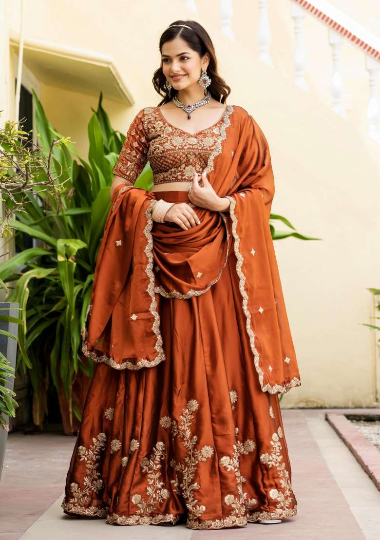 Rust Orange Sequence Embroidery Work Rangoli Silk Blend Lehenga Set for Diwali and Festive Wear - Indya
