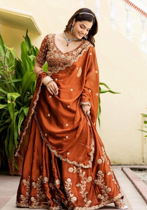 Rust Orange Sequence Embroidery Work Rangoli Silk Lehenga Set