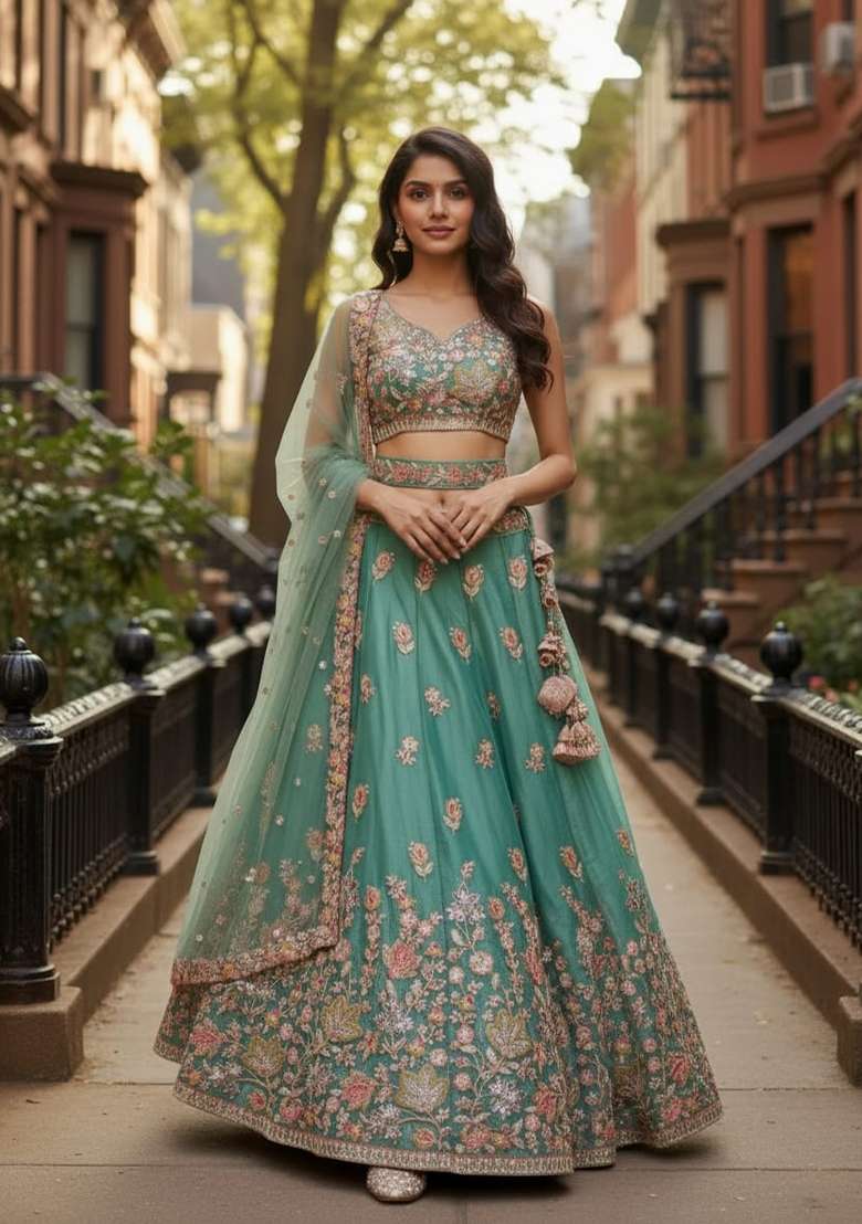 Sea Green Sequence Work Fendy Silk Blend Lehenga Set with Embroidery for Diwali | Wedding & Festive Wear - Indya