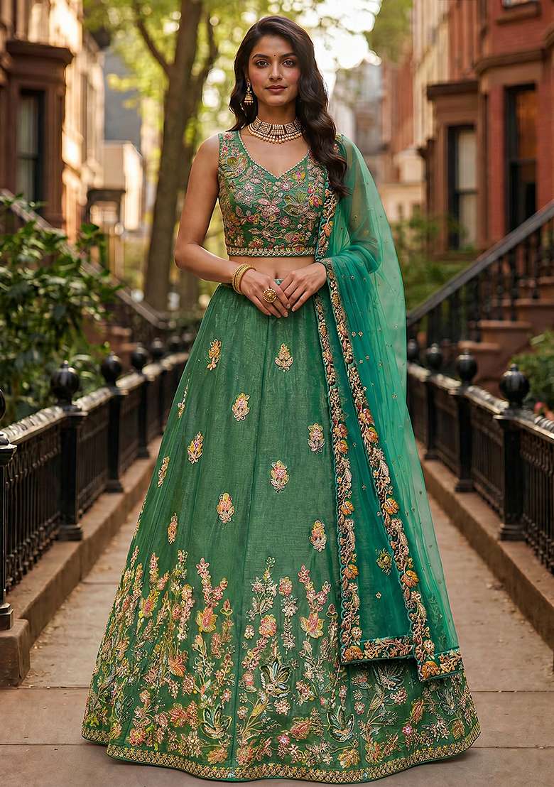 Sea Green Sequence Work Fendy Silk Blend Lehenga Set with Embroidery for Diwali | Wedding & Festive Wear - Indya