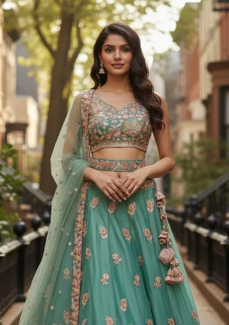 Sea Green Sequence Embroidery Work Fendy Silk Lehenga Set - Indya