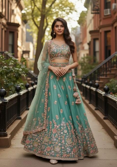 Sea Green Sequence Embroidery Work Fendy Silk Lehenga Set