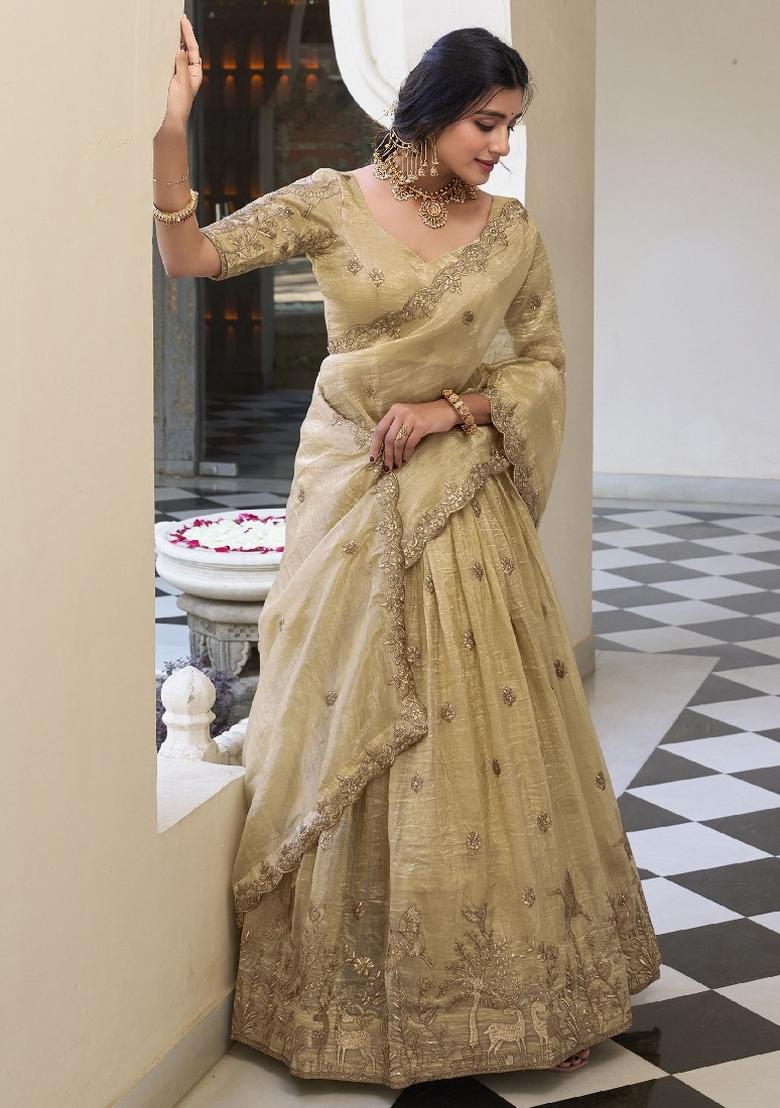 Beige Sequence Embroidery Work Gold Crush Lehenga Set - Indya