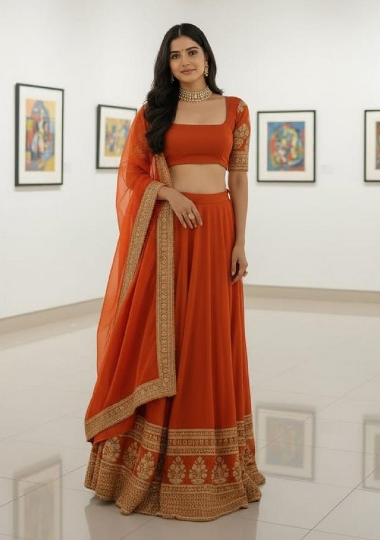 Fenta Orange Sequence Embroidery Work Faux Georgette Lehenga Set - Indya