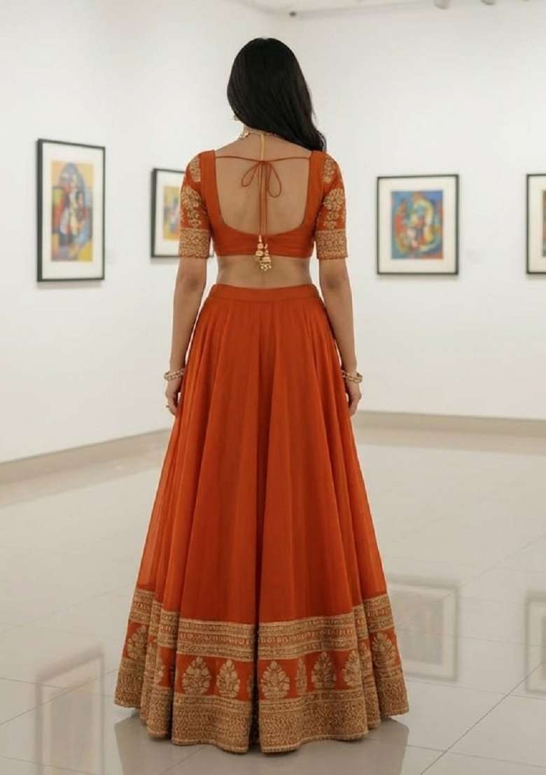Fenta Orange Sequence Work Faux Georgette Lehenga Set with Embroidery for Diwali | Wedding & Festive Wear - Indya