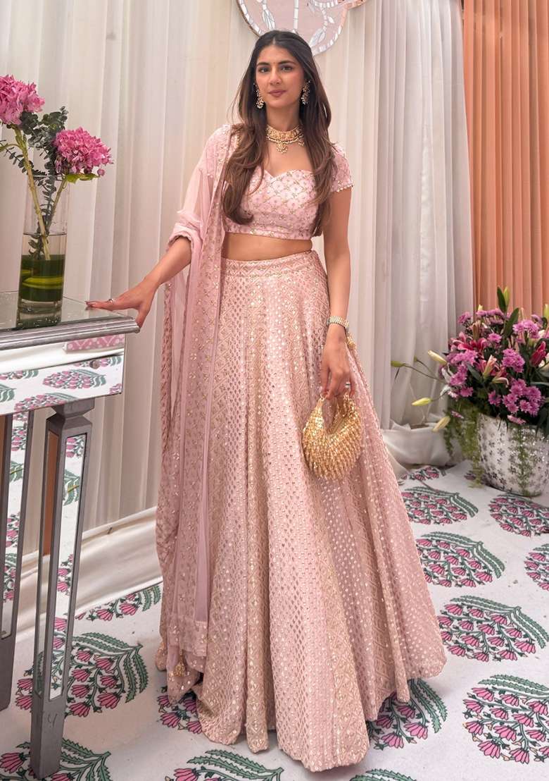 Baby Pink Embroidered Georgette Lehenga Set for Diwali and Festive Wear - Indya