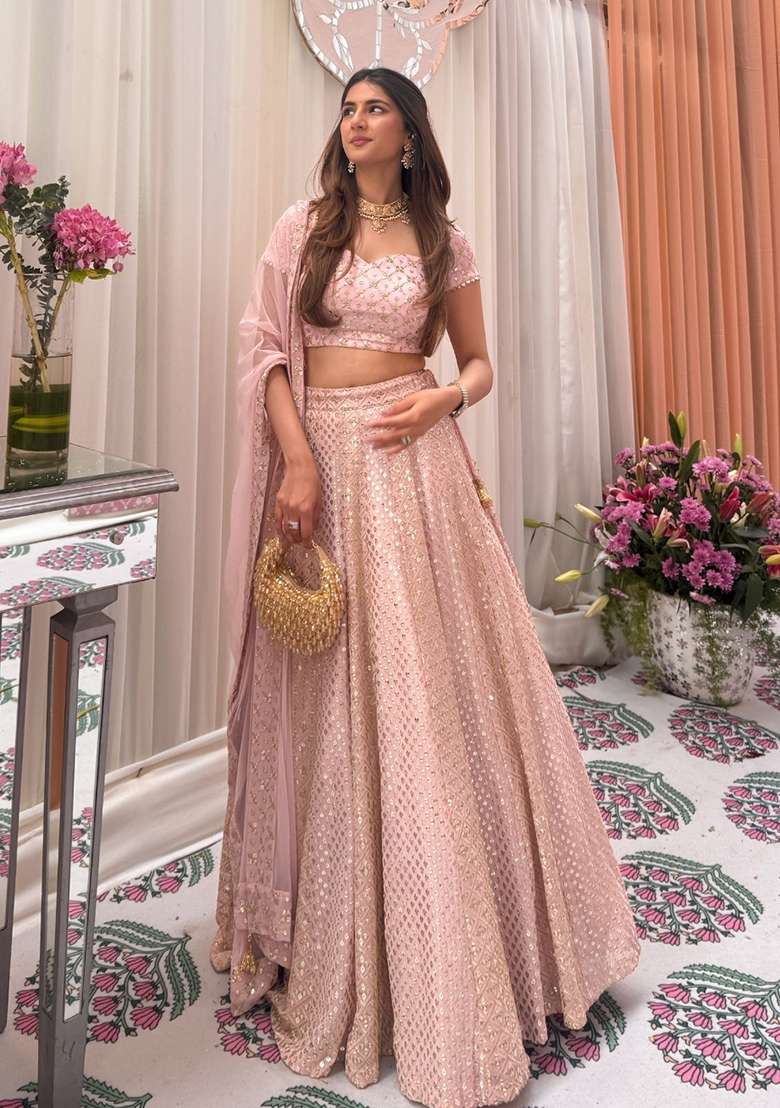 Baby Pink Embroidered Georgette Lehenga Set for Diwali and Festive Wear - Indya