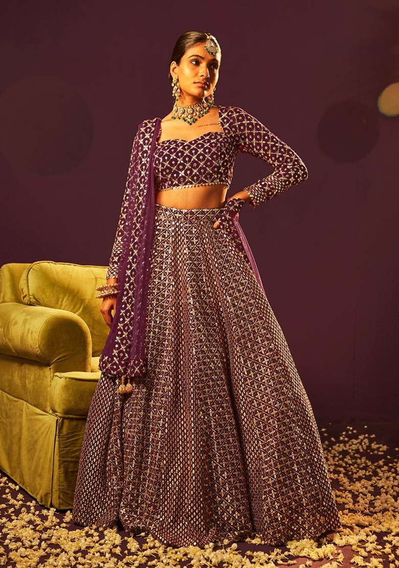 Purple Georgette Lehenga Set with Embroidered for Diwali | Wedding & Festive Wear - Indya
