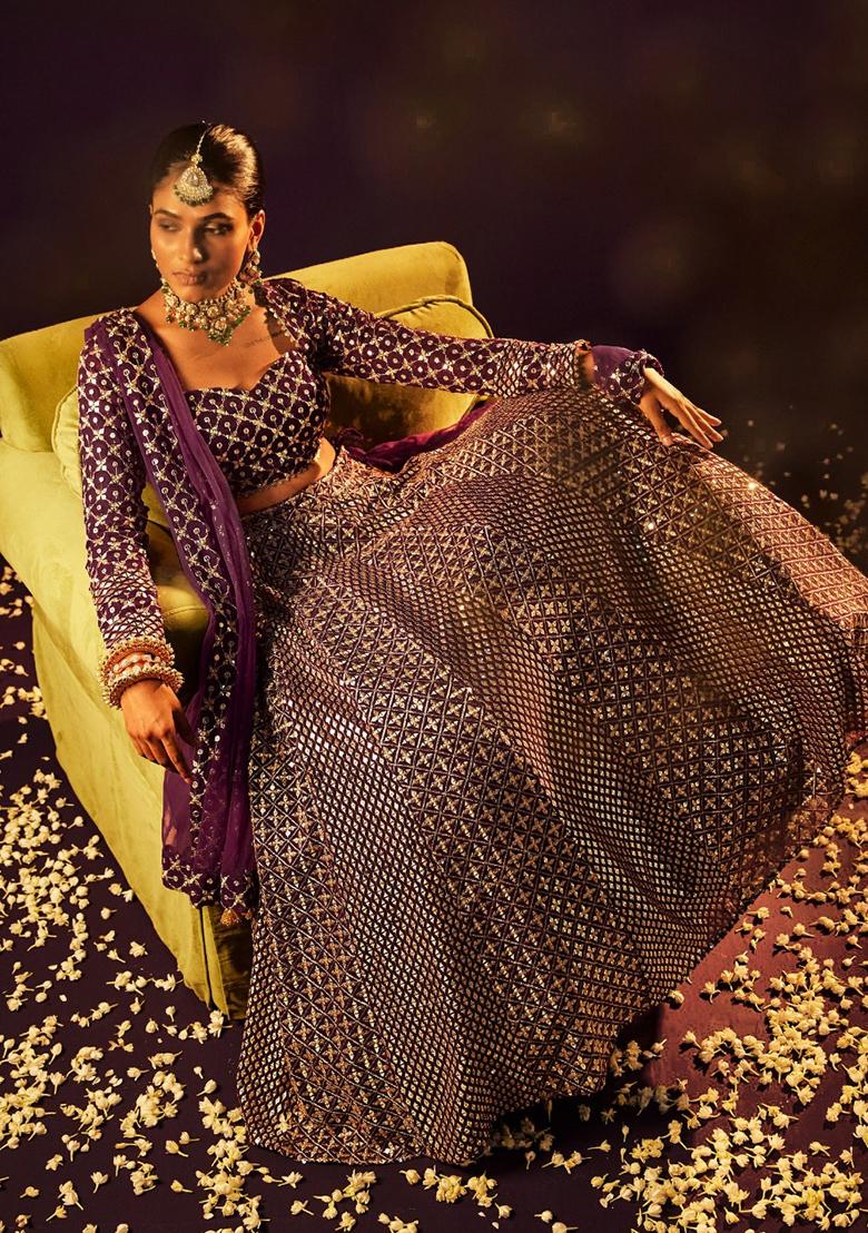 Purple Embroidered Georgette Lehenga Set - Indya