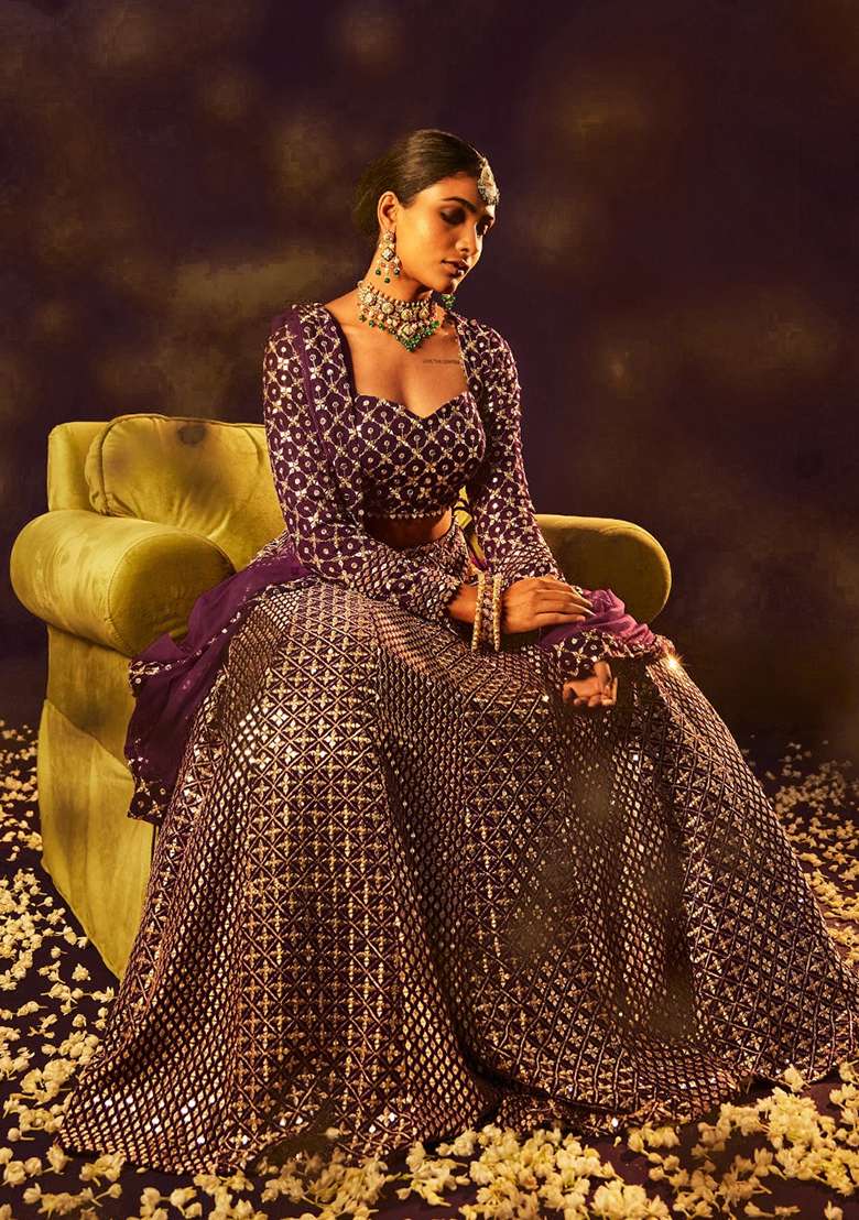 Purple Georgette Lehenga Set with Embroidered for Diwali | Wedding & Festive Wear - Indya