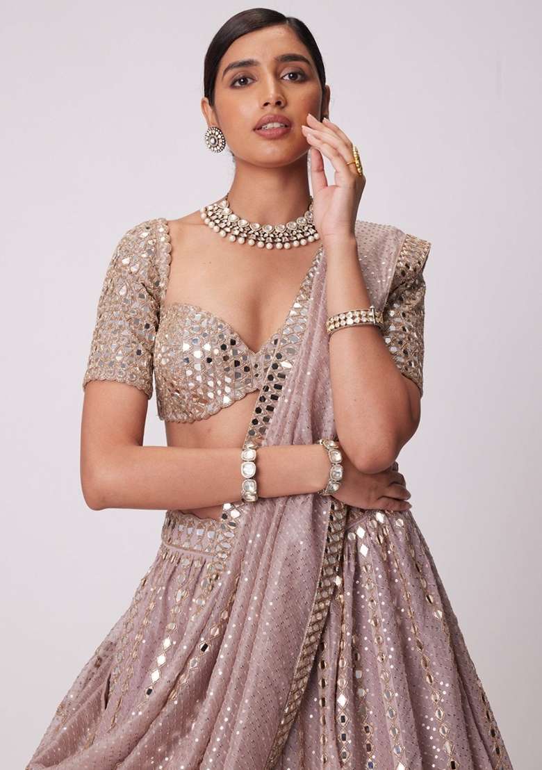 Ash Pink Georgette Lehenga Set with Embroidered for Diwali | Wedding & Festive Wear - Indya
