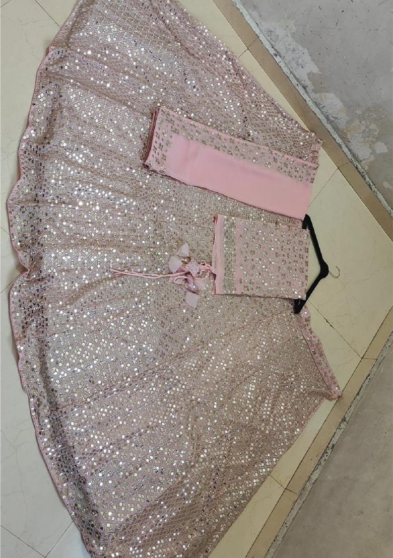 Ash Pink Embroidered Georgette Lehenga Set - Indya