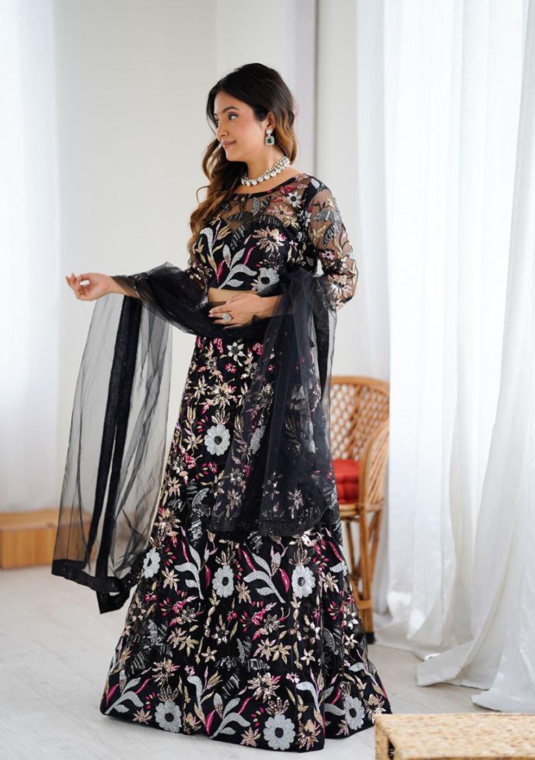 Multicolor Embellished Net Lehenga Set - Indya