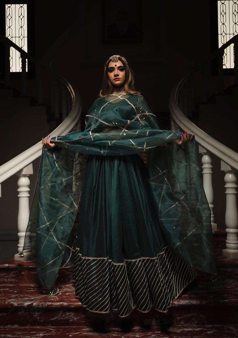 Multicolor Gotta Patti Work Silk Blend Lehenga Set for Diwali | Wedding & Festive Wear - Indya