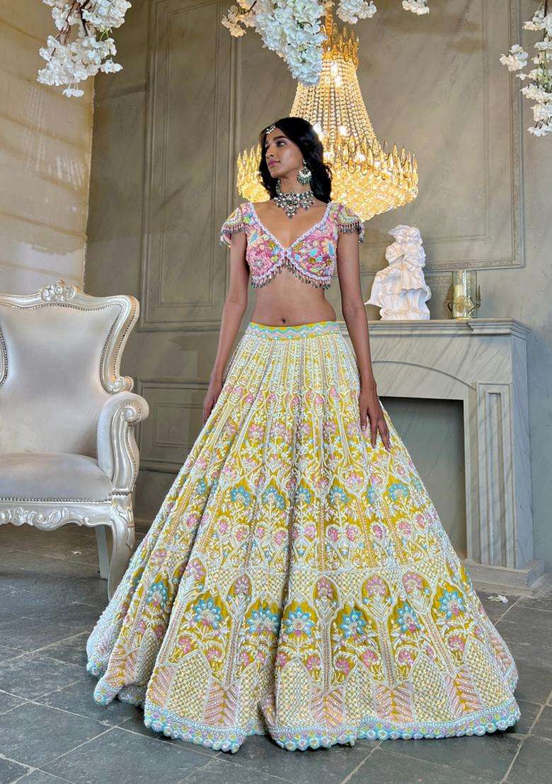Multicolor Silk Blend Lehenga Set with Embroidery for Diwali | Wedding & Festive Wear - Indya