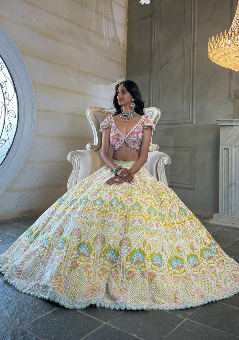 Multicolor Embroidery Silk Lehenga Set - Indya
