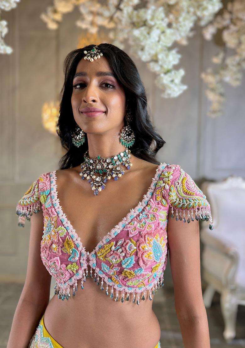 Multicolor Silk Blend Lehenga Set with Embroidery for Diwali | Wedding & Festive Wear - Indya
