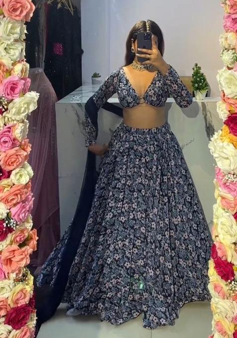 Multicolor Printed Silk Lehenga Set