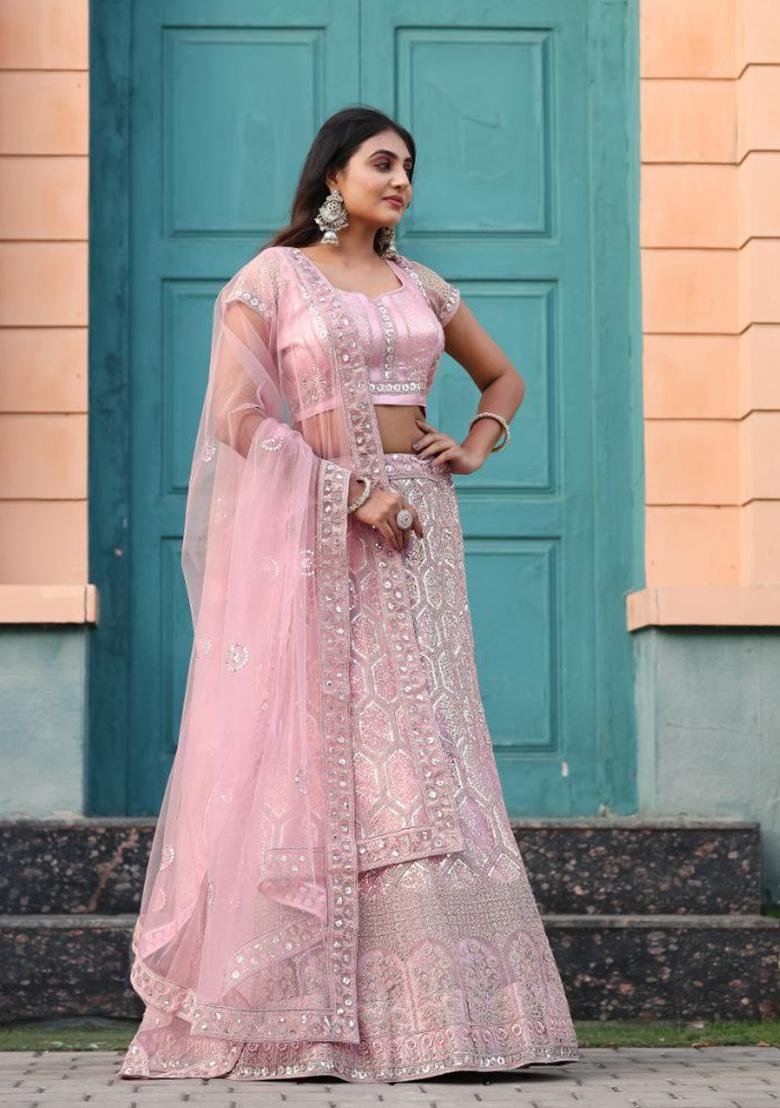 Multicolor Embroidery Net Lehenga Set - Indya