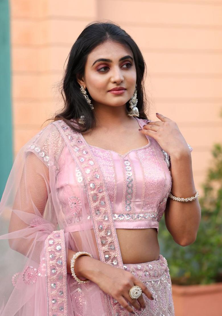 Multicolor Embroidery Net Lehenga Set - Indya