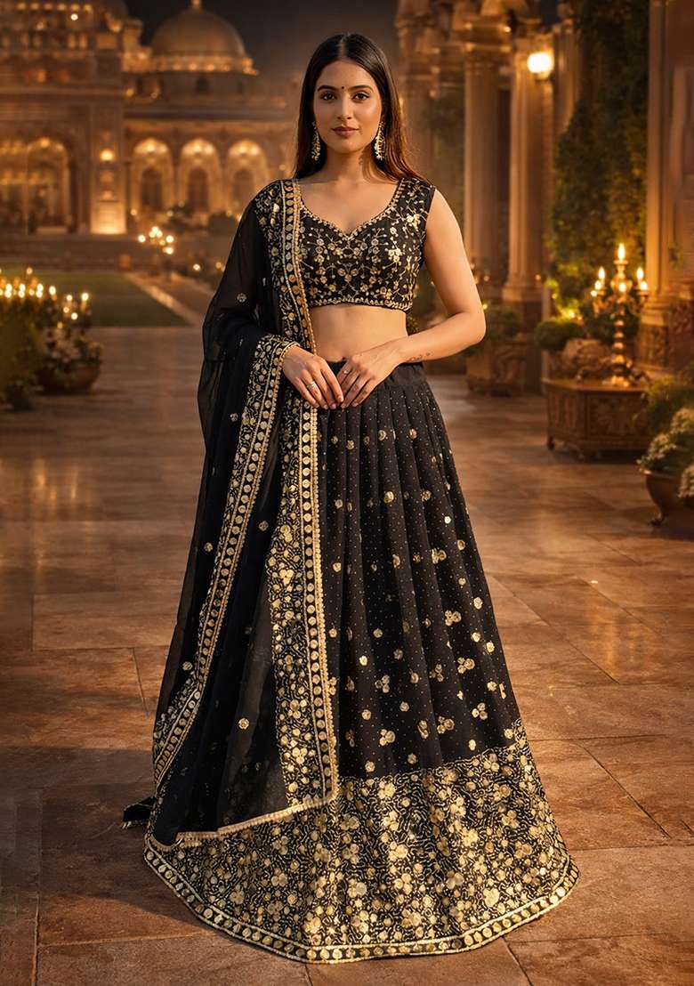 Multicolor Embroidery Georgette Lehenga Set for Diwali and Festive Wear - Indya