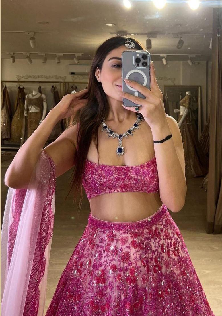 Multicolor Embroidery Net Lehenga Set - Indya